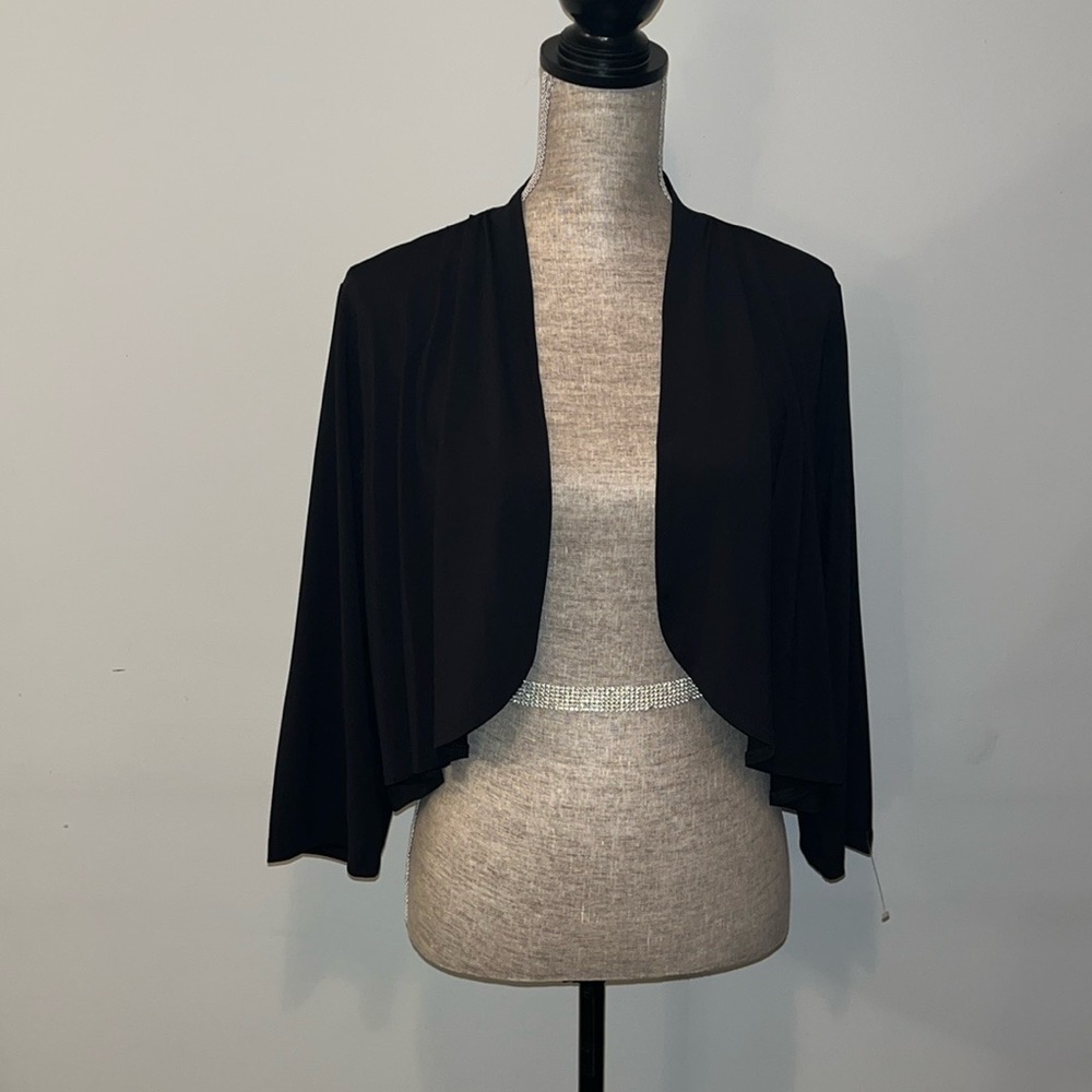 Bob Mackie 1X NWT Shrug Black Liquid Knit Open Front Cropped Cover Up